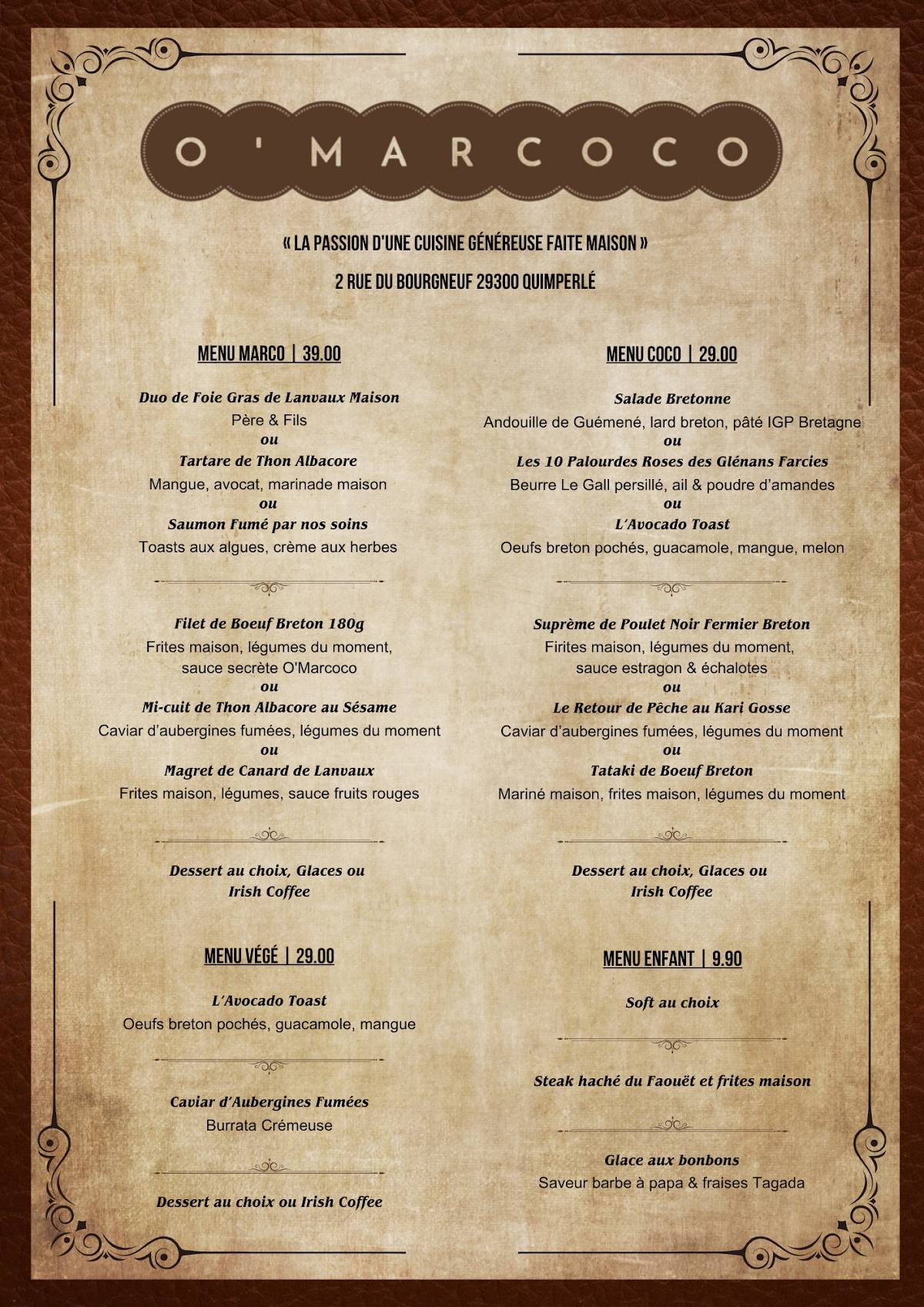Menu de O'Marcoco