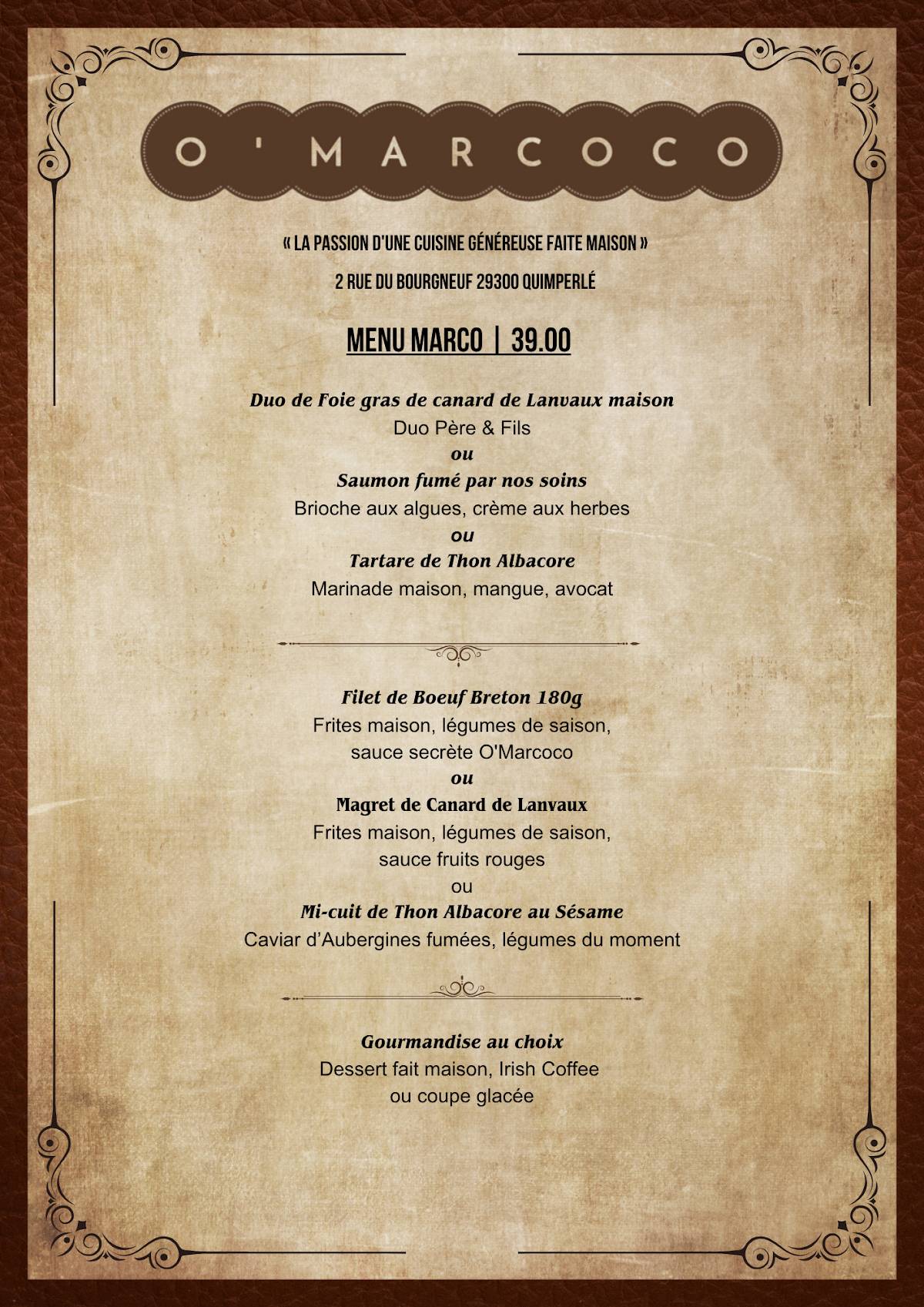 Menu de O'Marcoco