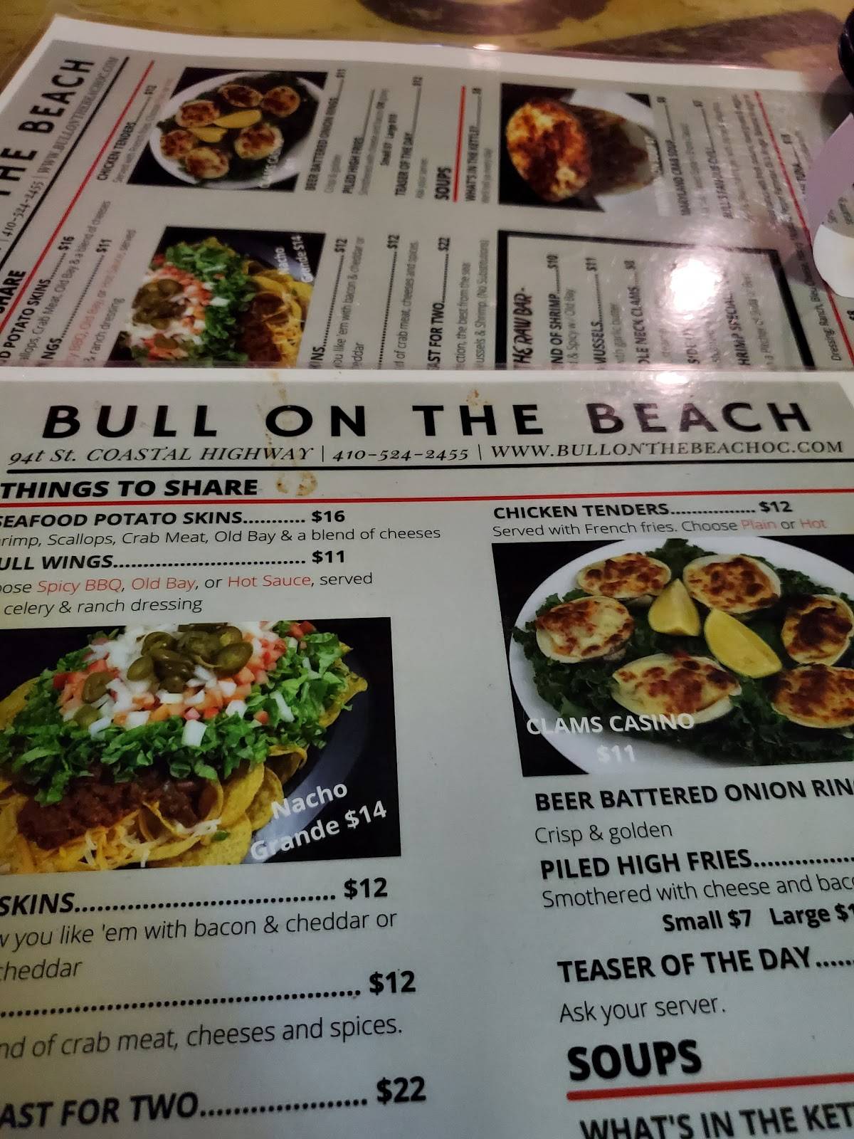 Menu at Bull on the Beach pub & bar, Ocean City, 17 94th St