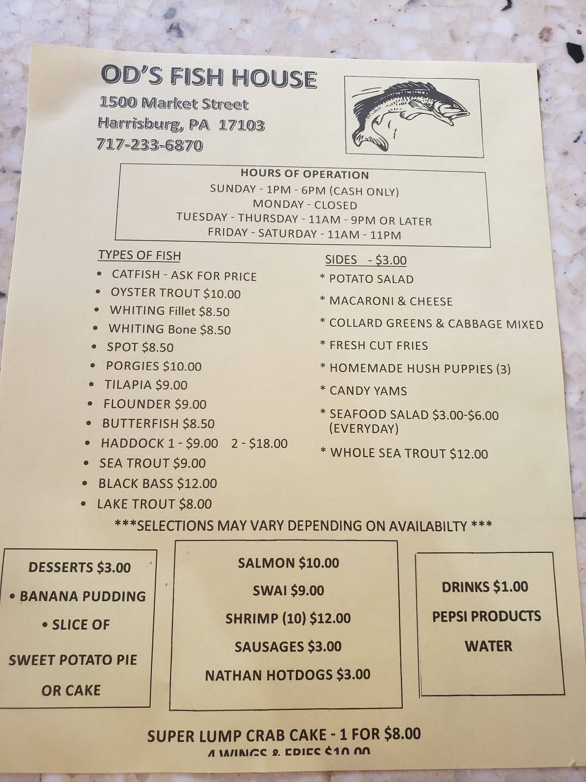 Menu at Od's Fish House restaurant, Harrisburg