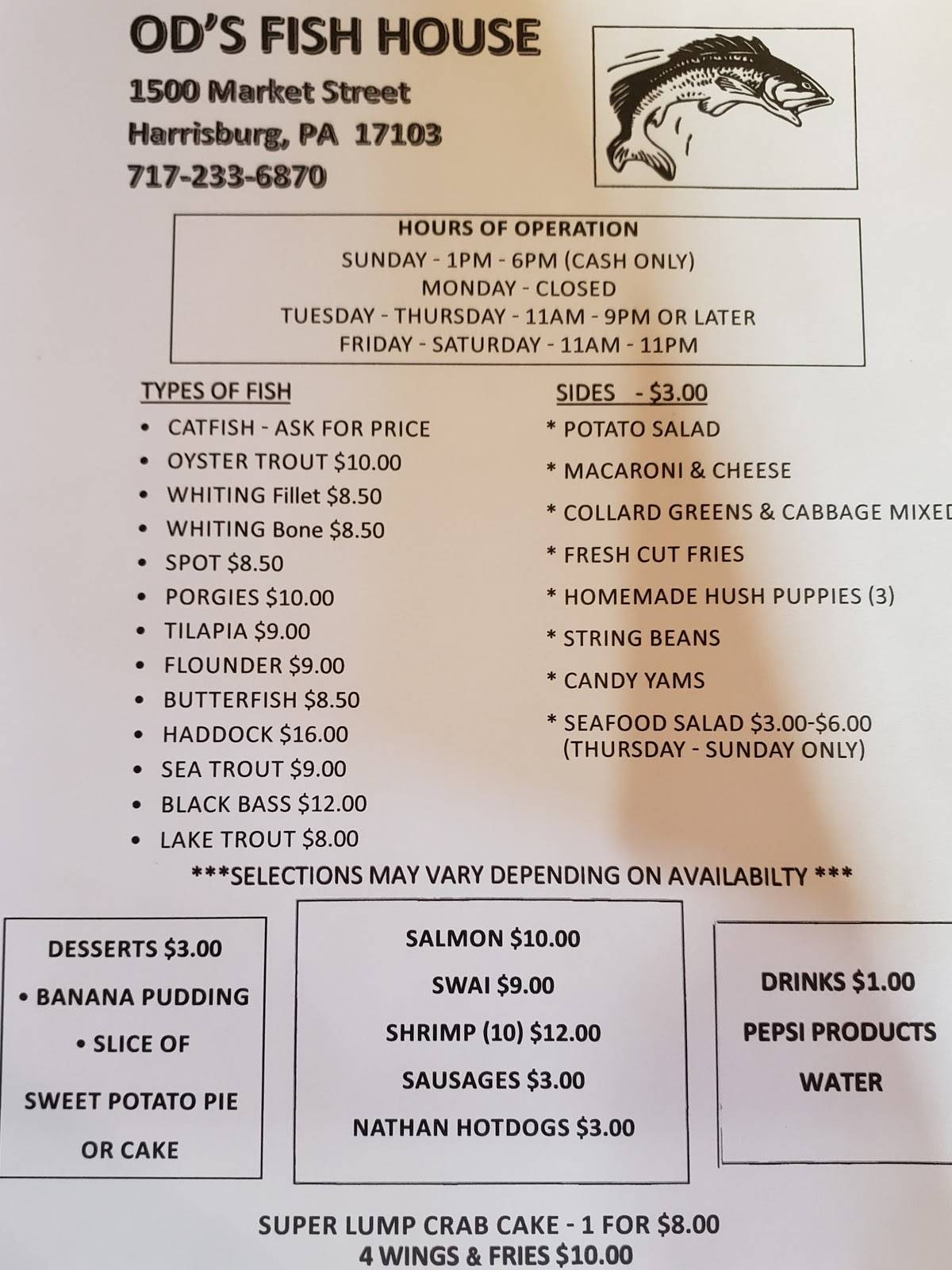 Menu at Od's Fish House restaurant, Harrisburg