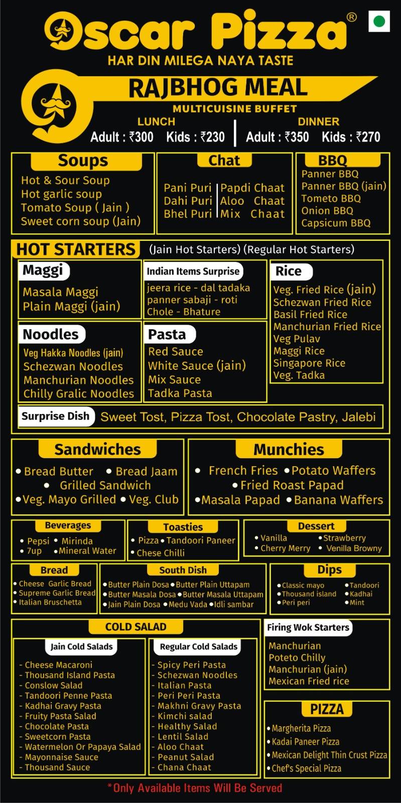 Oscar Pizza menu
