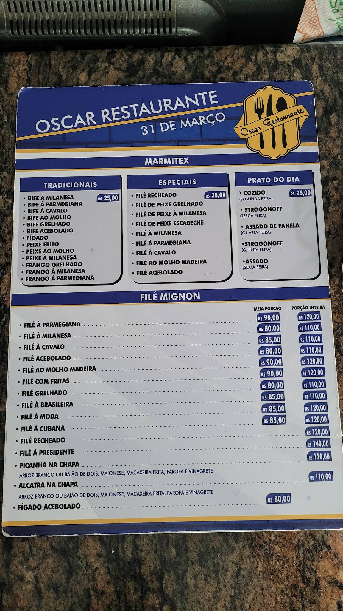 Oscar Restaurante cardápio