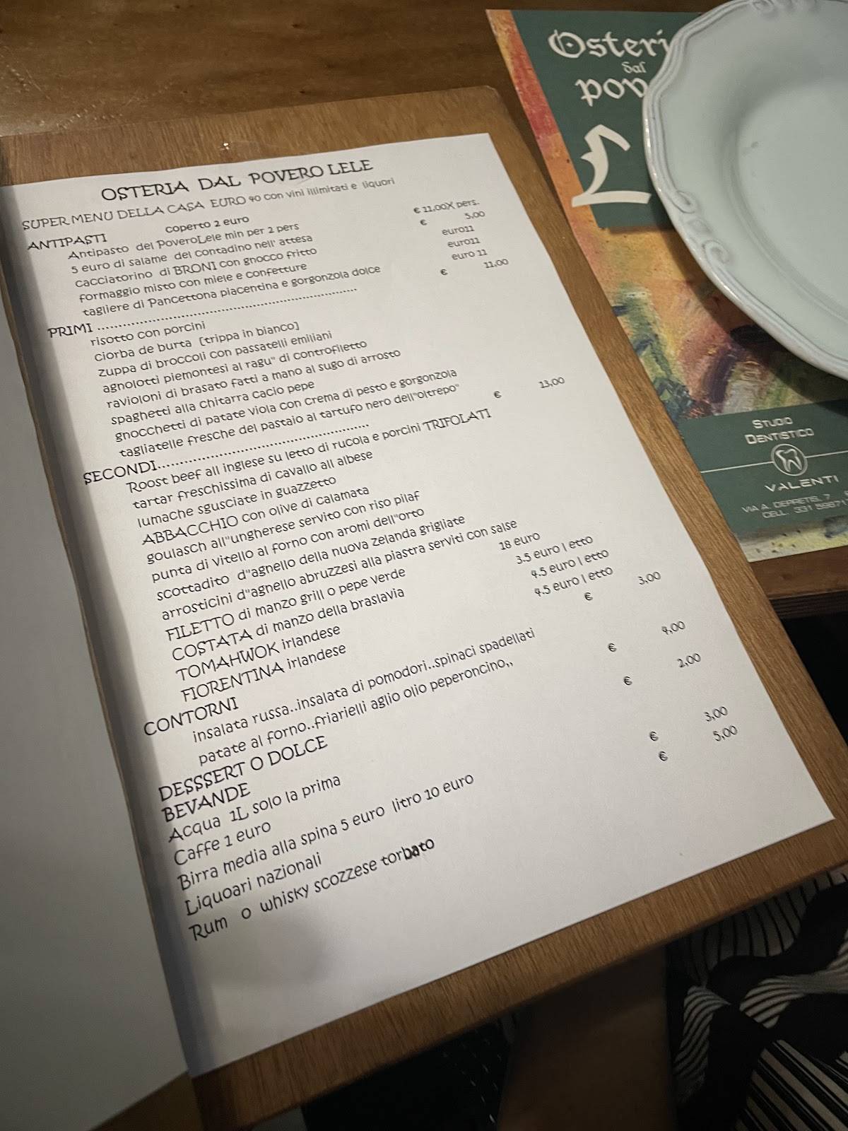 Menu di Osteria dal povero Lele 