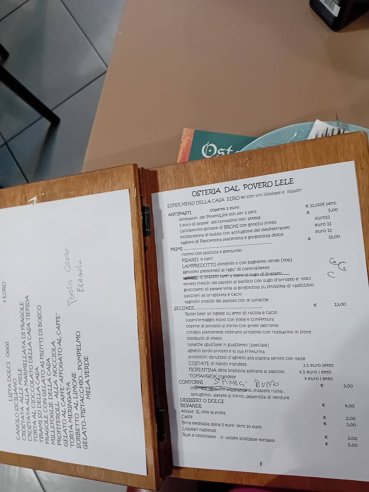 Menu di Osteria dal povero Lele 