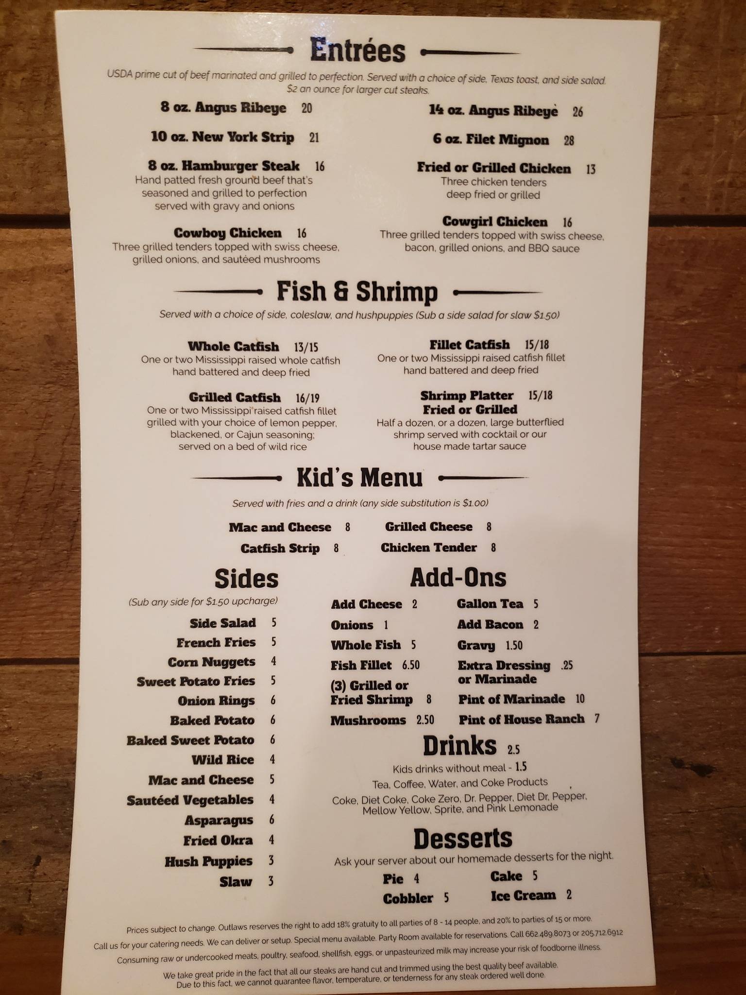 Menu at Outlaws Steakhouse, Thaxton