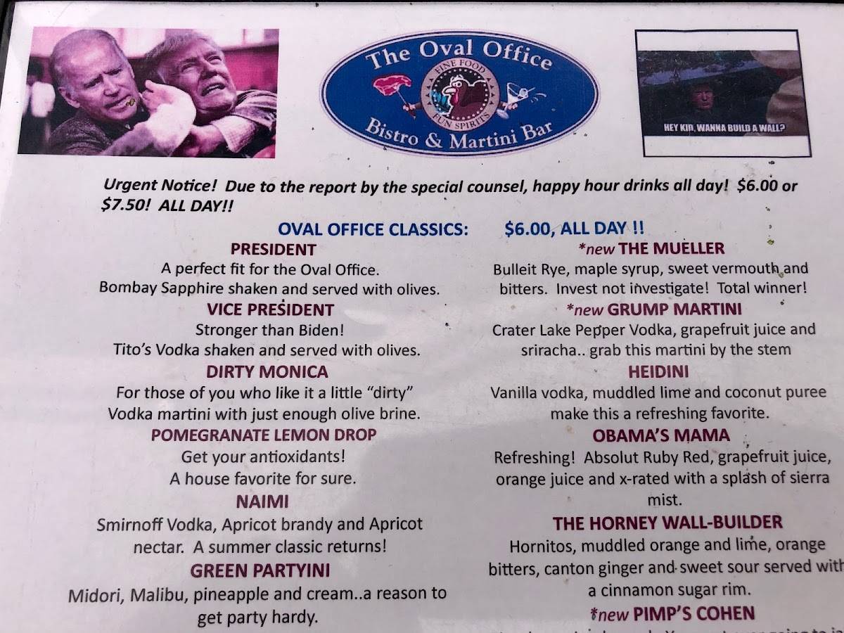 Menu at Oval Office pub & bar, Post Falls