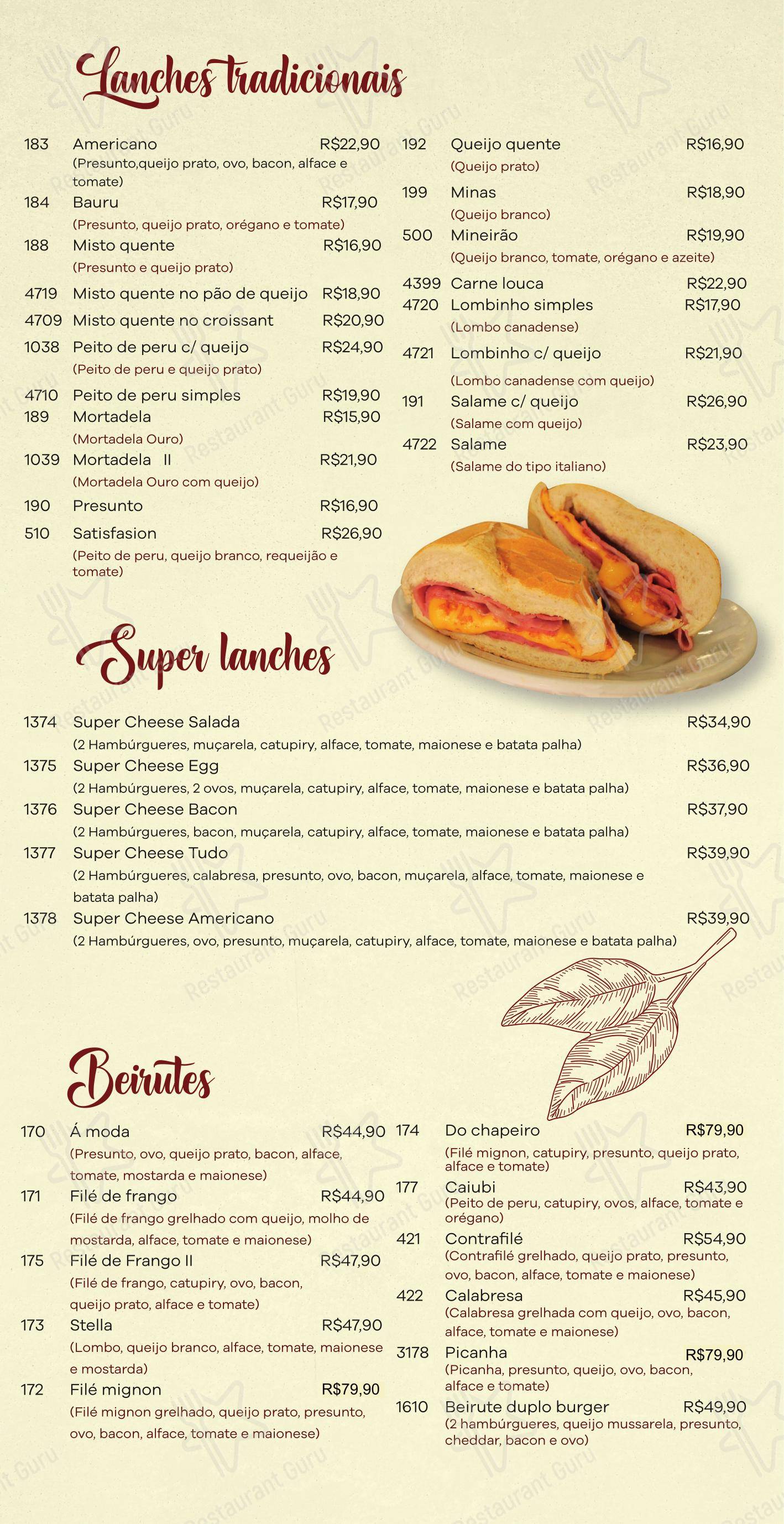 Menu para Padaria Bella Caiubi restaurante