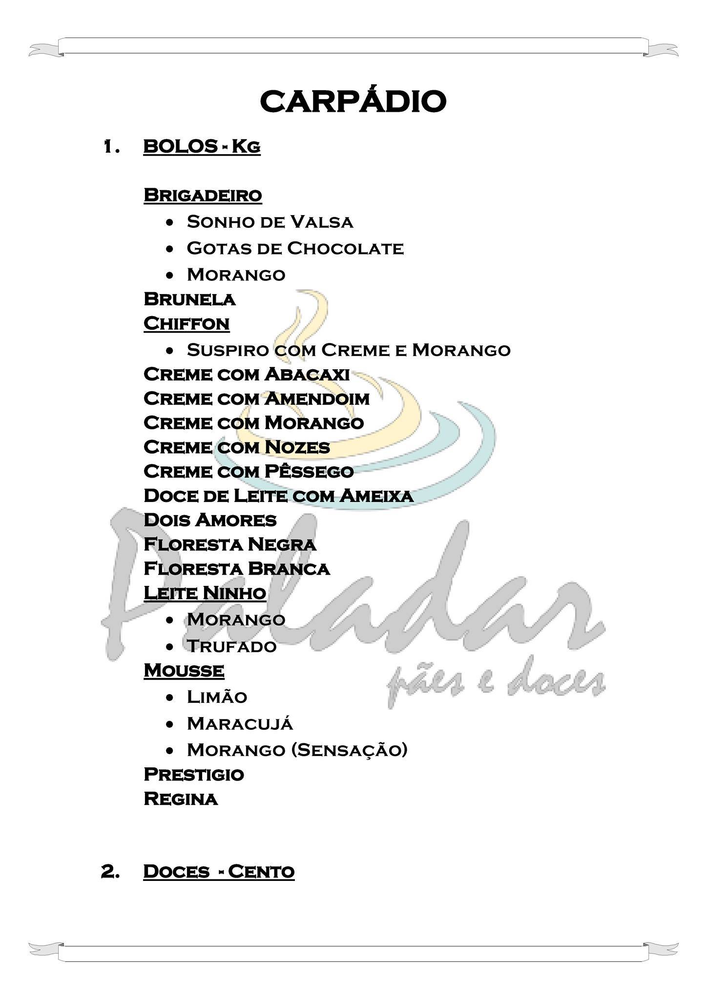 Padaria Paladar Pães e Doces cardápio