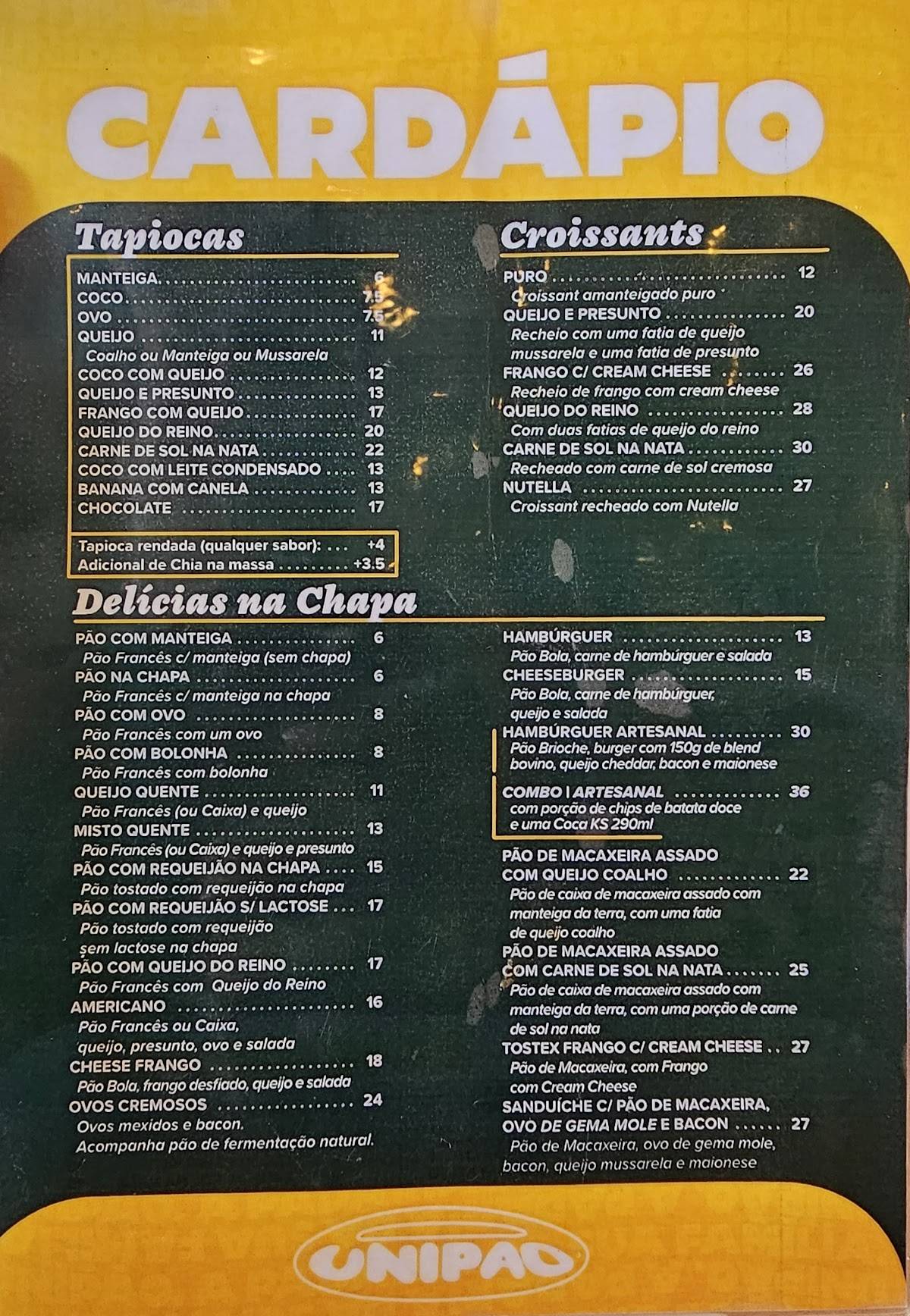 Padaria unipão cardápio