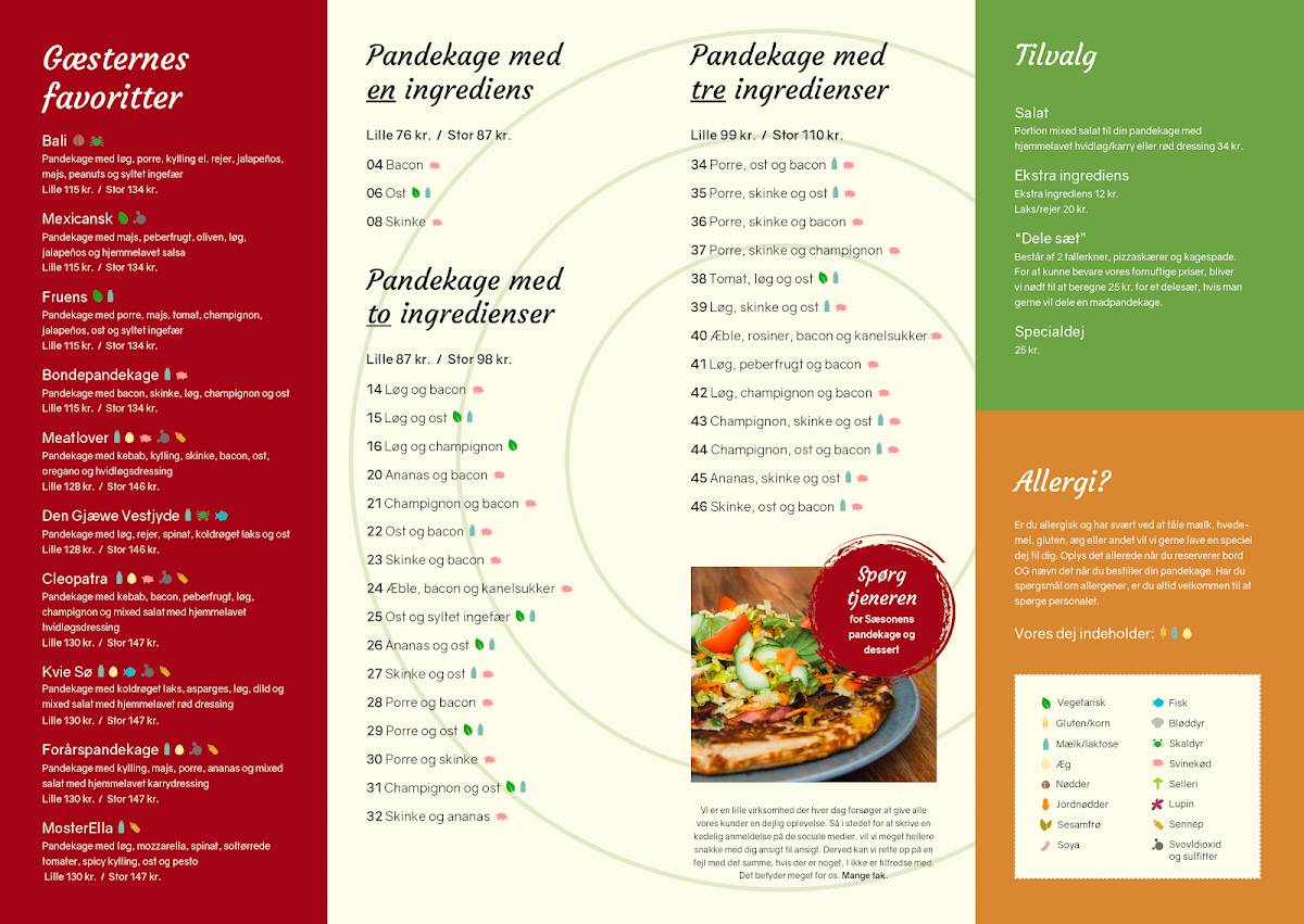 Меню ресторана Pandekagehuset Kvie Sø, Ансагер