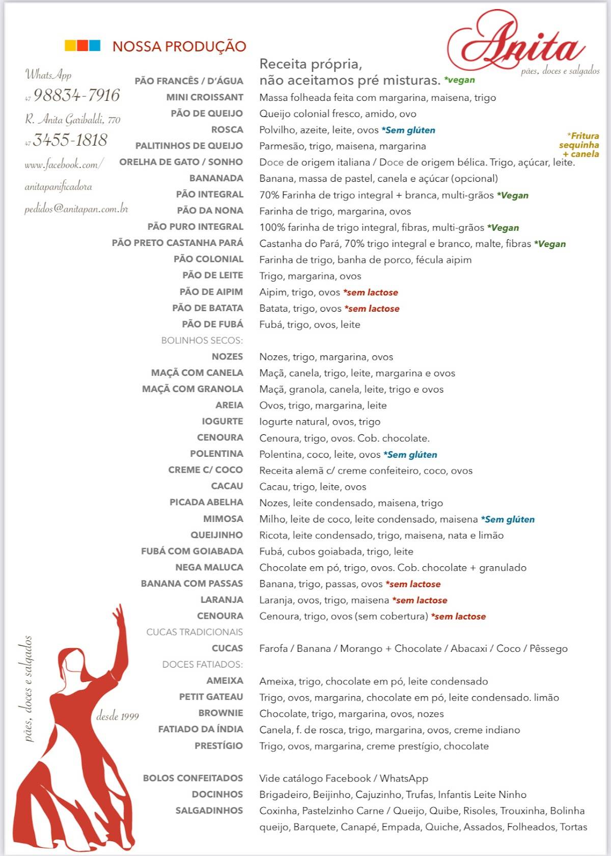 Panificadora Anita cardápio