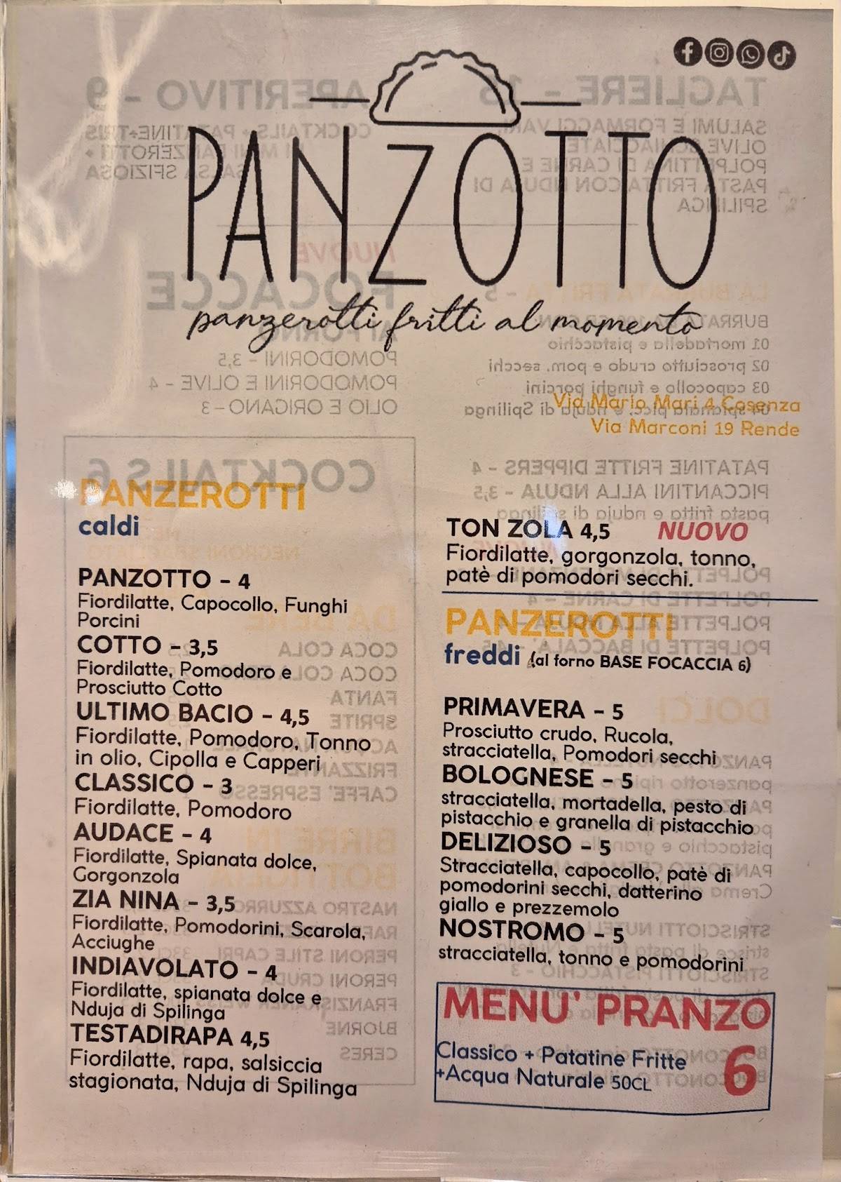 Menu di Panzotto Cosenza 