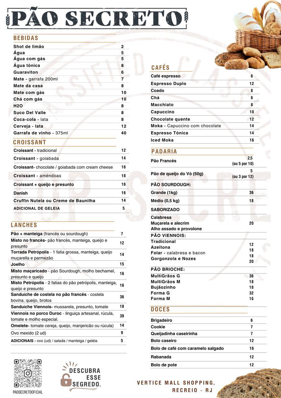 Pão Secreto cardápio