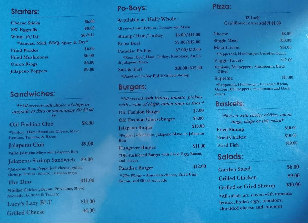 Menu at Paradise Grill & Daiquiris pub & bar, Sulphur