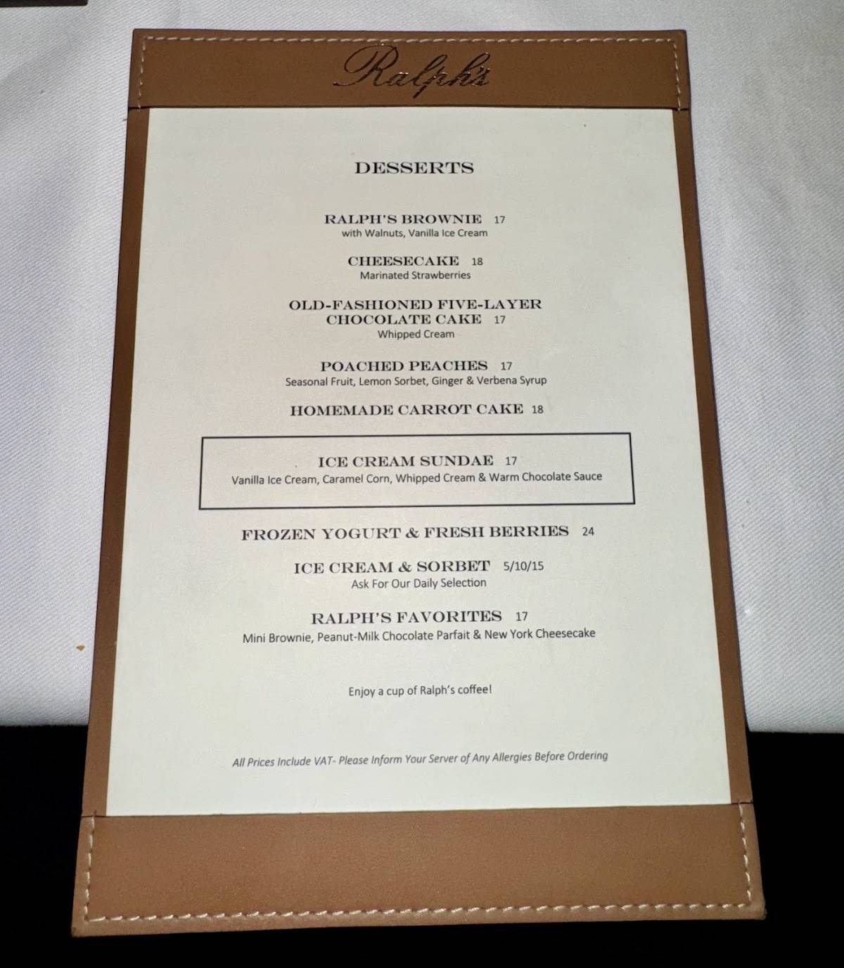 Menu de Ralph's Restaurant