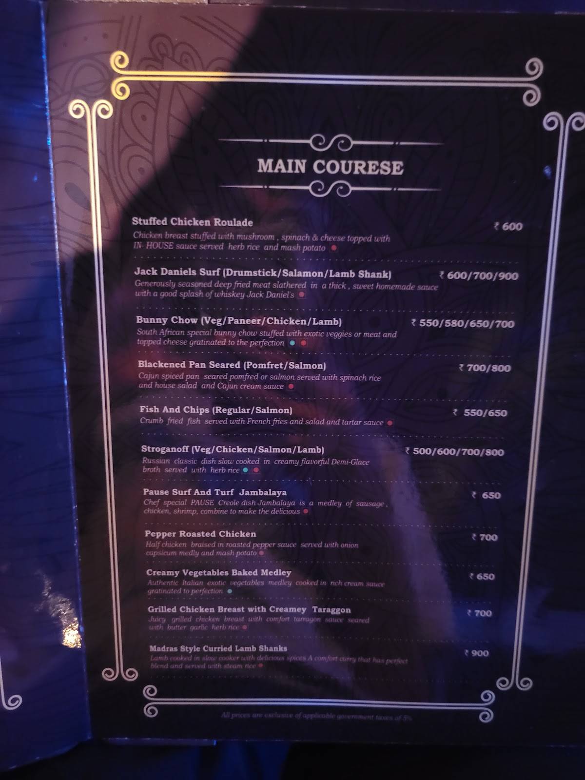 Pause Bar and Kitchen menu