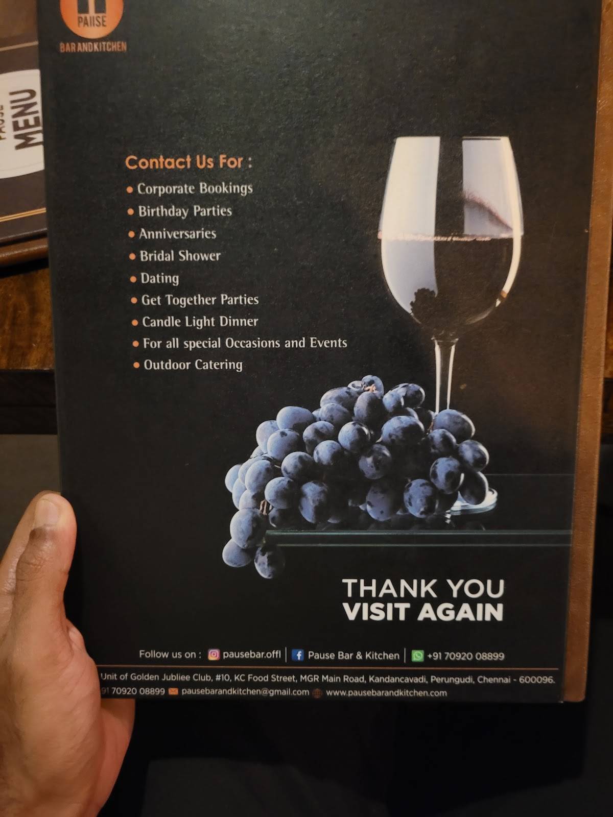 Pause Bar and Kitchen menu