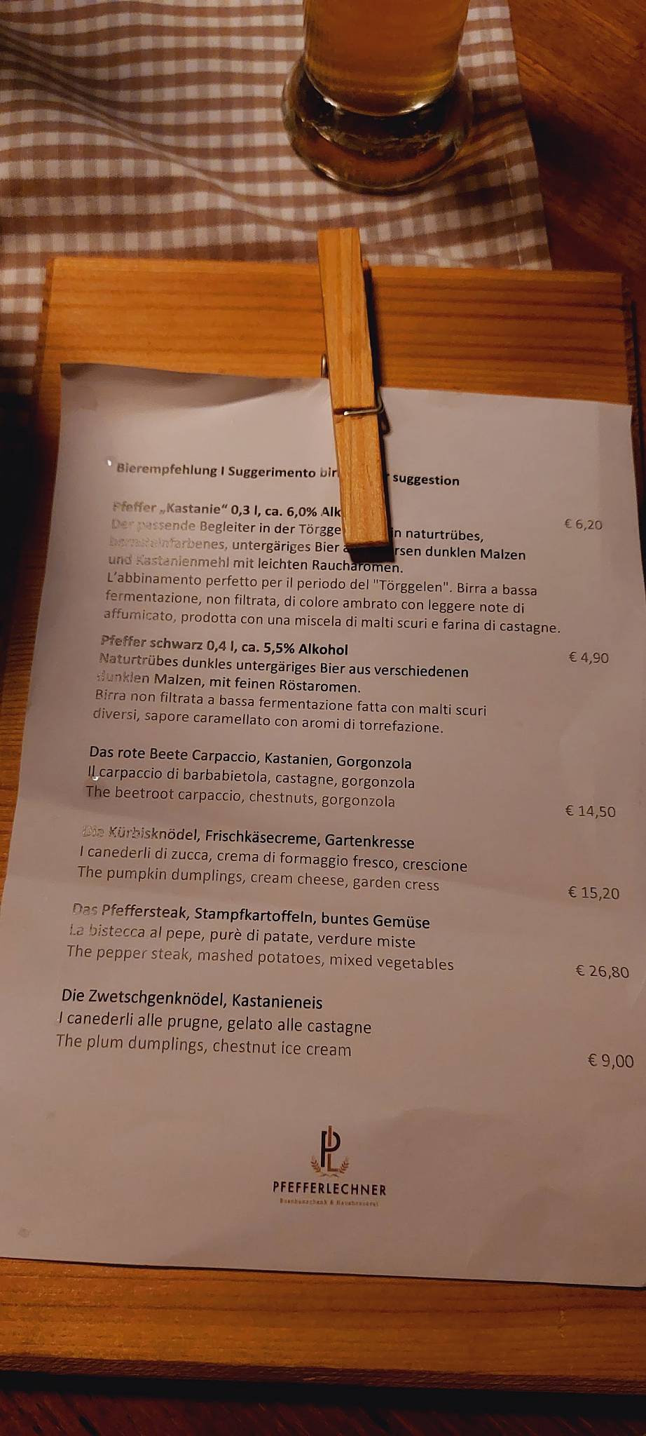 Menu di Pfefferlechnerkeller 