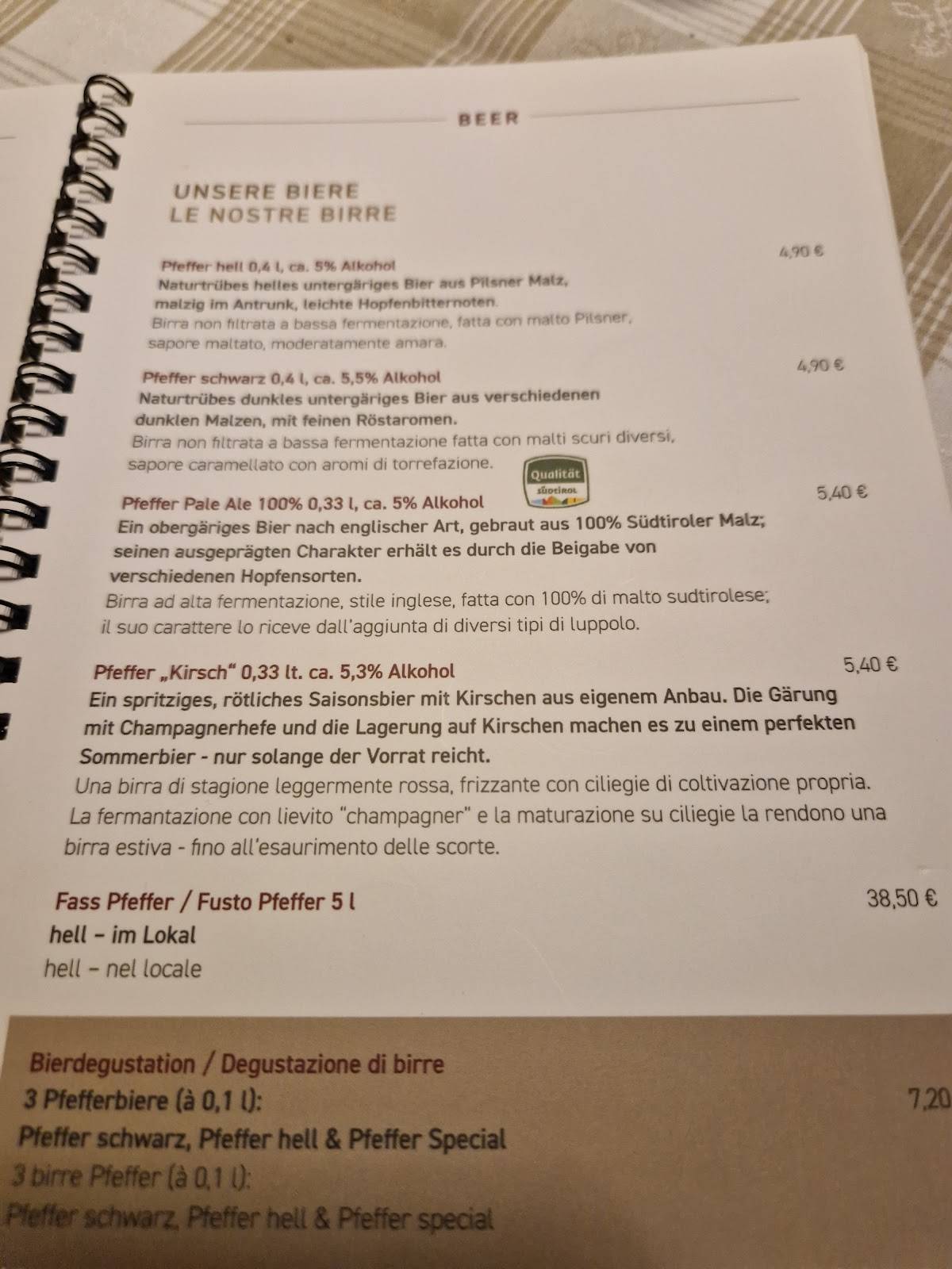 Menu di Pfefferlechnerkeller 