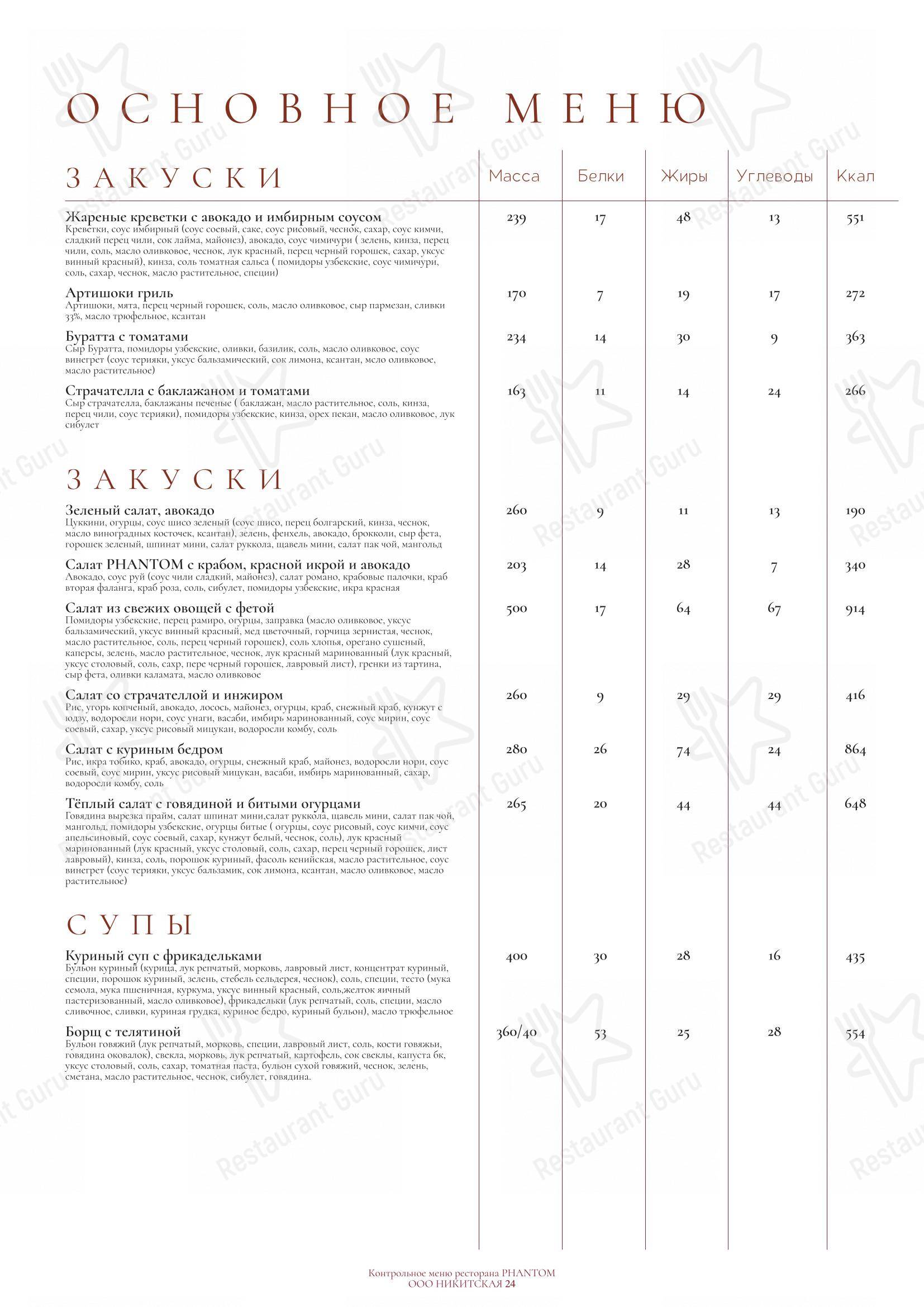 Menu pour Phantom dans Moscou