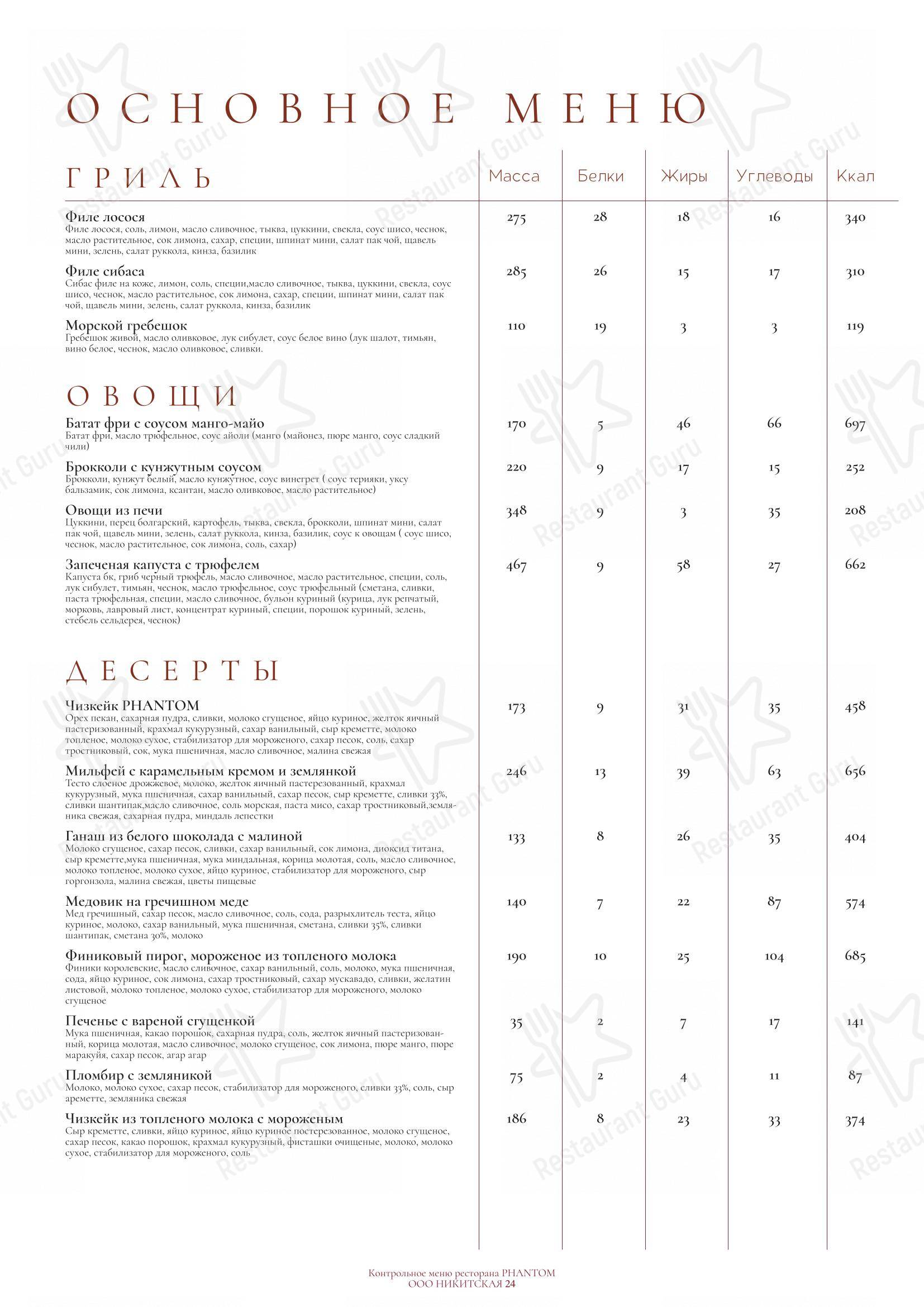 Menu pour Phantom restaurant