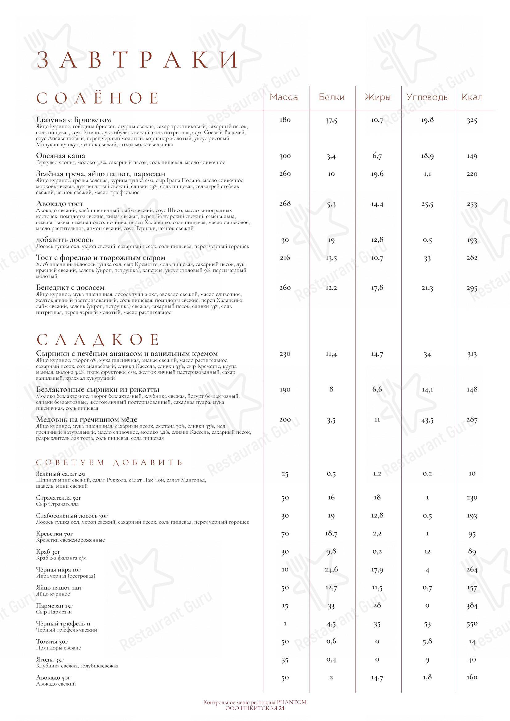 Menu pour Phantom - Menu