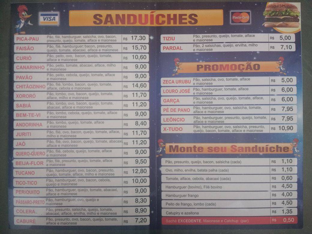 Pica-Pau Lanches cardápio