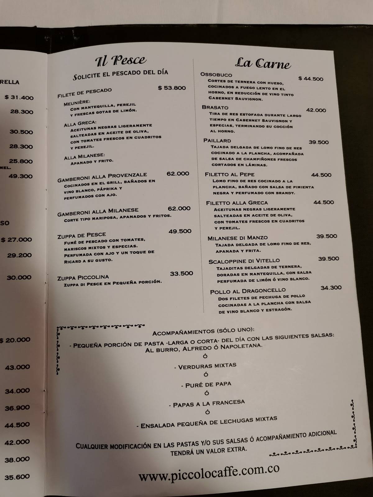 Carta de Piccolo Caffe Restaurante, Bogotá