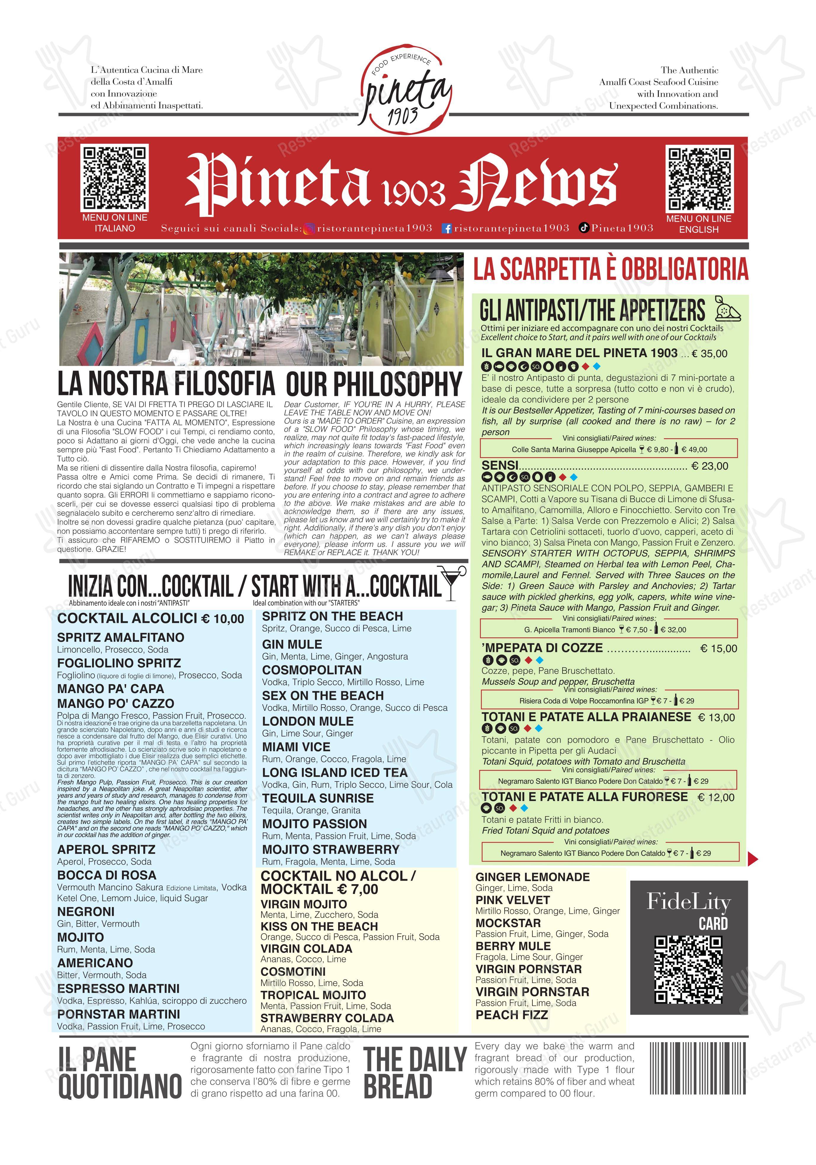 Menu bar per Pineta 1903, Ristorante con Pastificio Artigianale L’Autentica Cucina di Mare della Costiera Amalfitana pub & bar