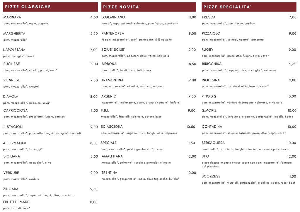 Menu di Pizzeria Ristorante Pino'S 2 