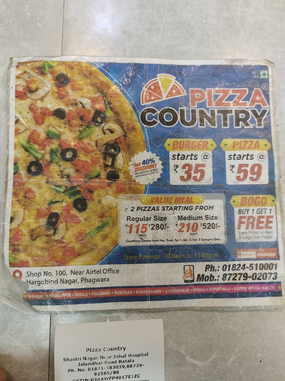 Pizza Country menu