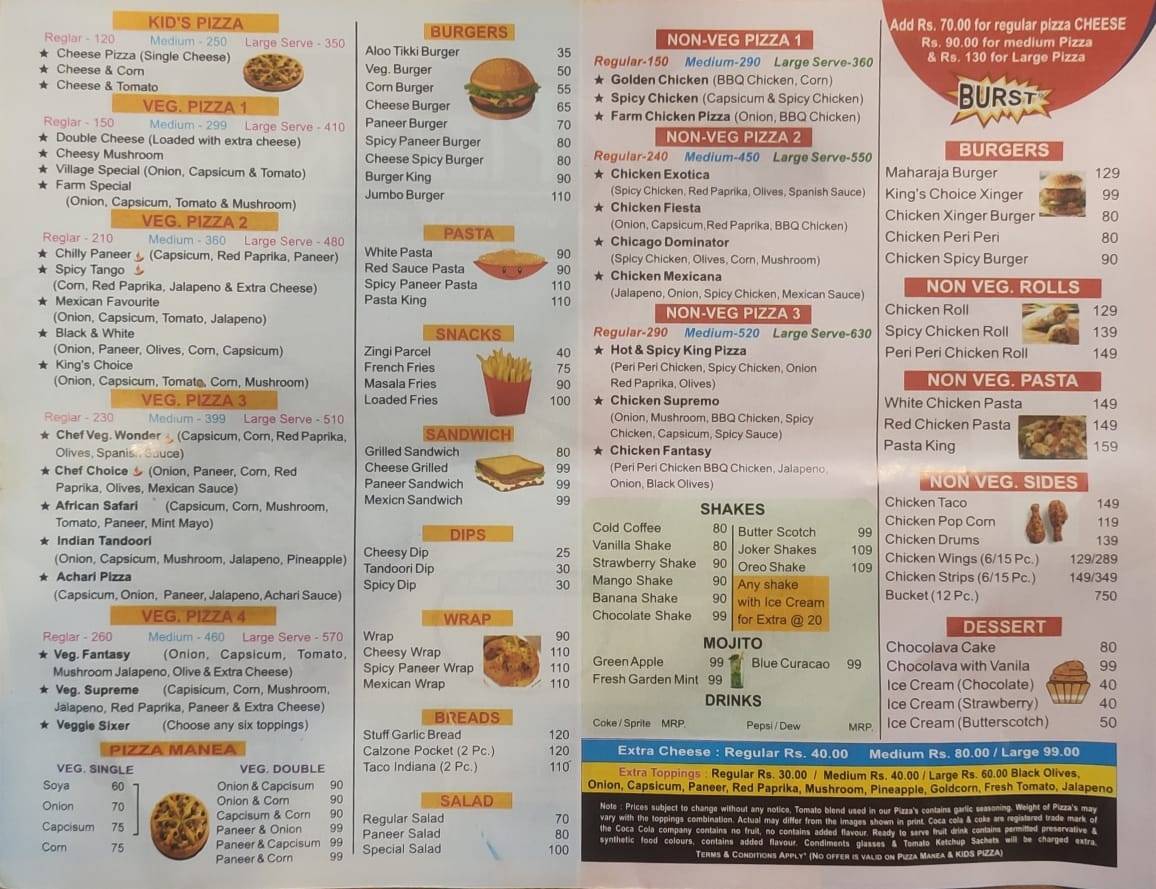 Pizza King's menu