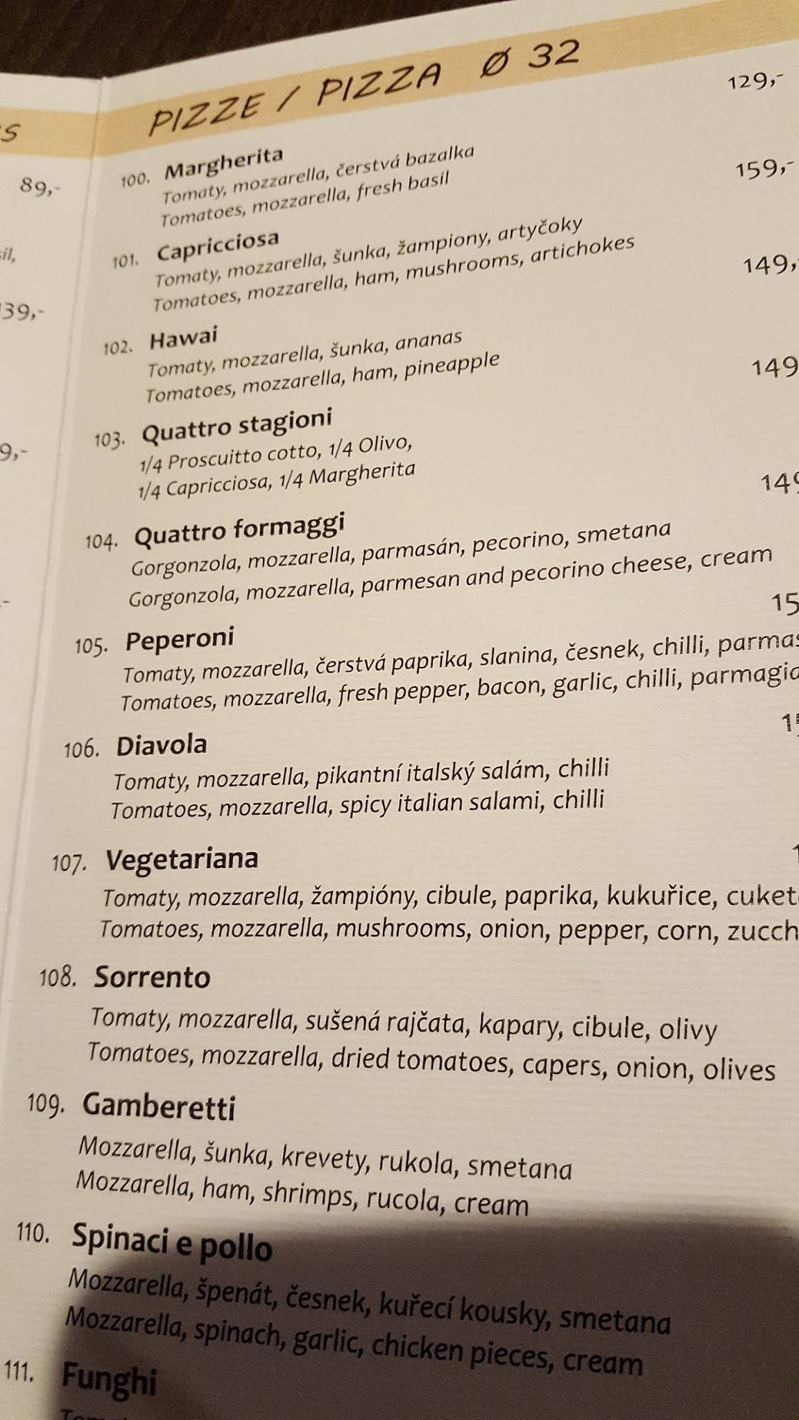 Menu at Pizza & Pasta Factory pizzeria, Prague