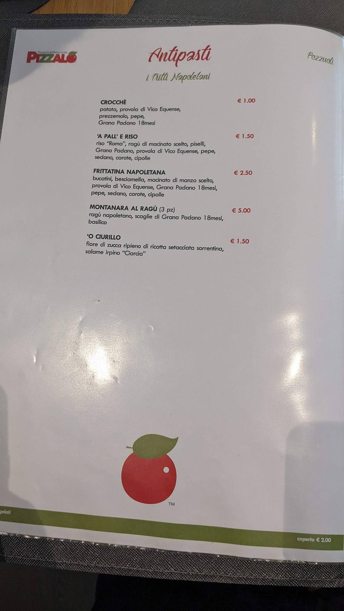 Menu di Pizzaló 