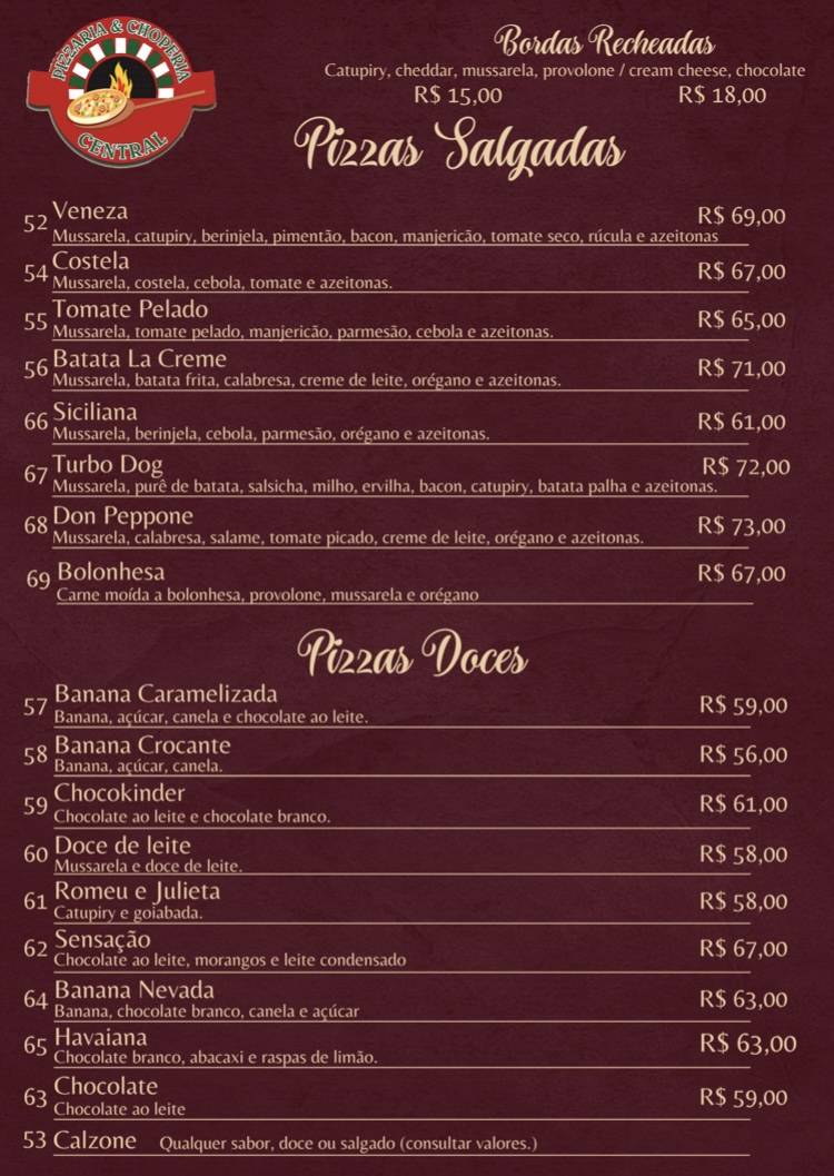 Pizzaria e Choperia Central cardápio