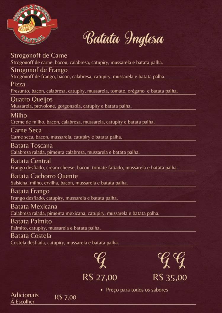 Pizzaria e Choperia Central cardápio