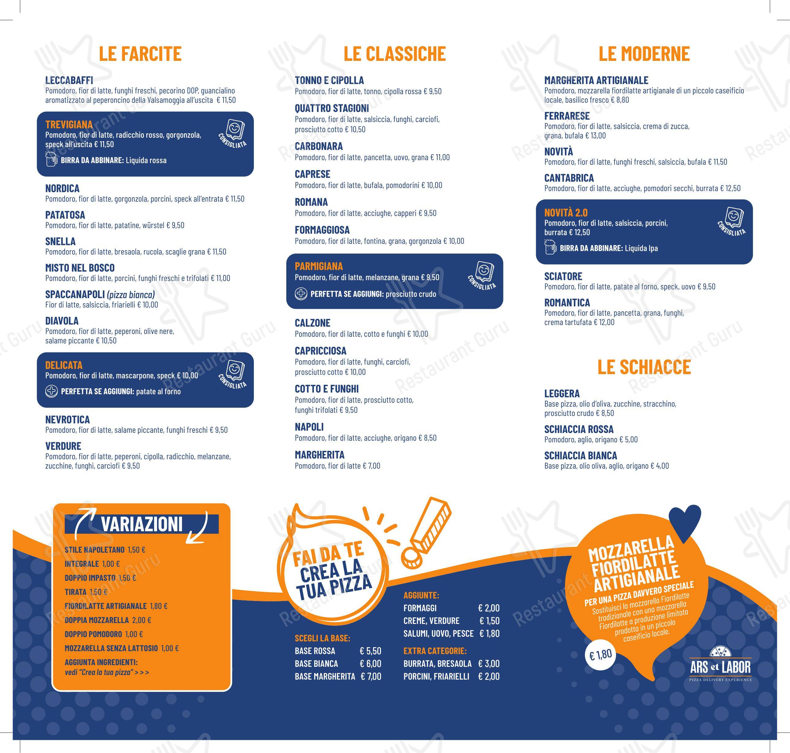 Menu di Pizzeria Ars Et Labor - Vigarano Mainarda - Основное меню