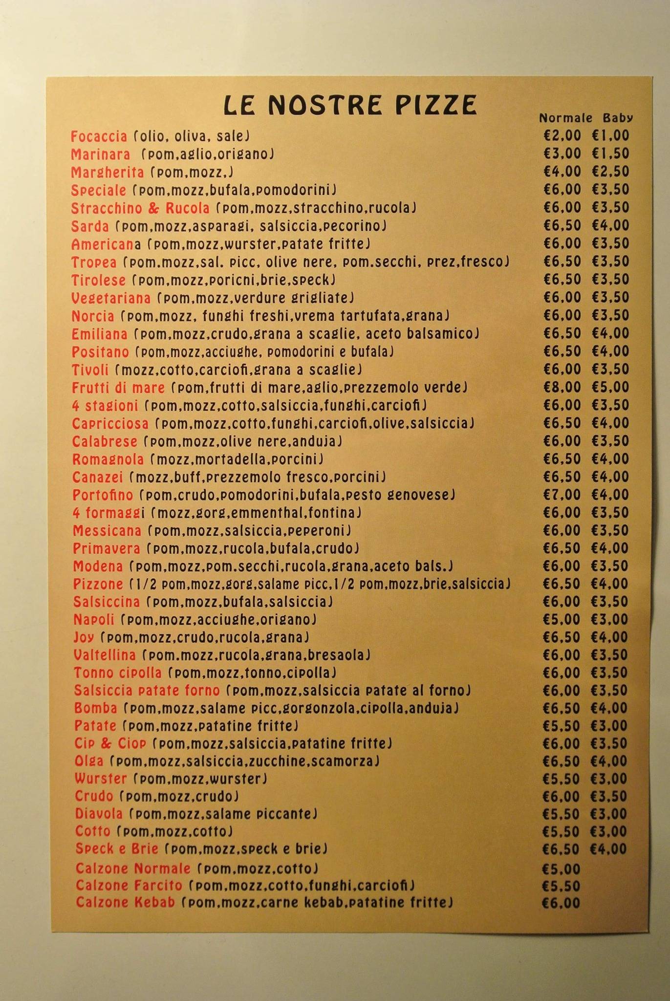 Menu di Pizzeria Kebab da Joy 