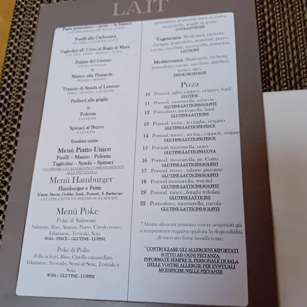 Menu di Lait Ristorante 