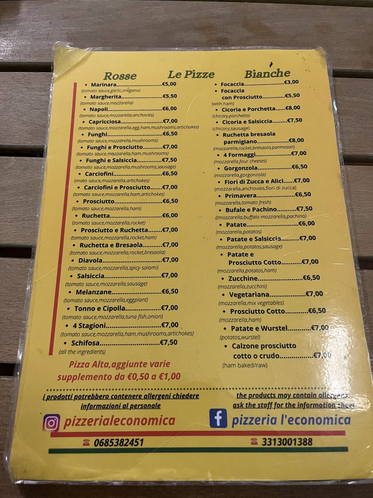 Menu di Pizzeria L'economica 