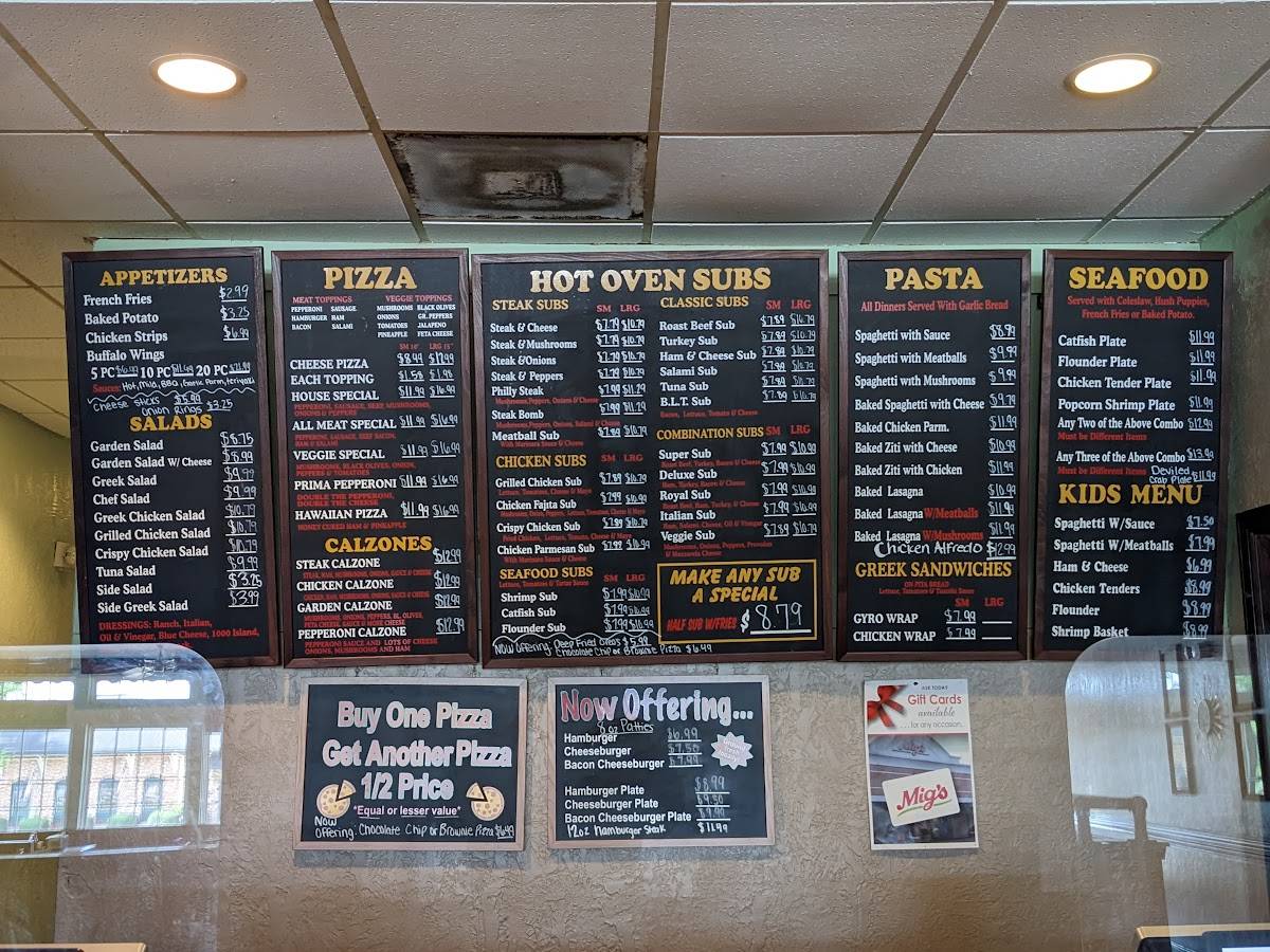 Menu at Mig's of 96 pizzeria, Six, 113 Main St E