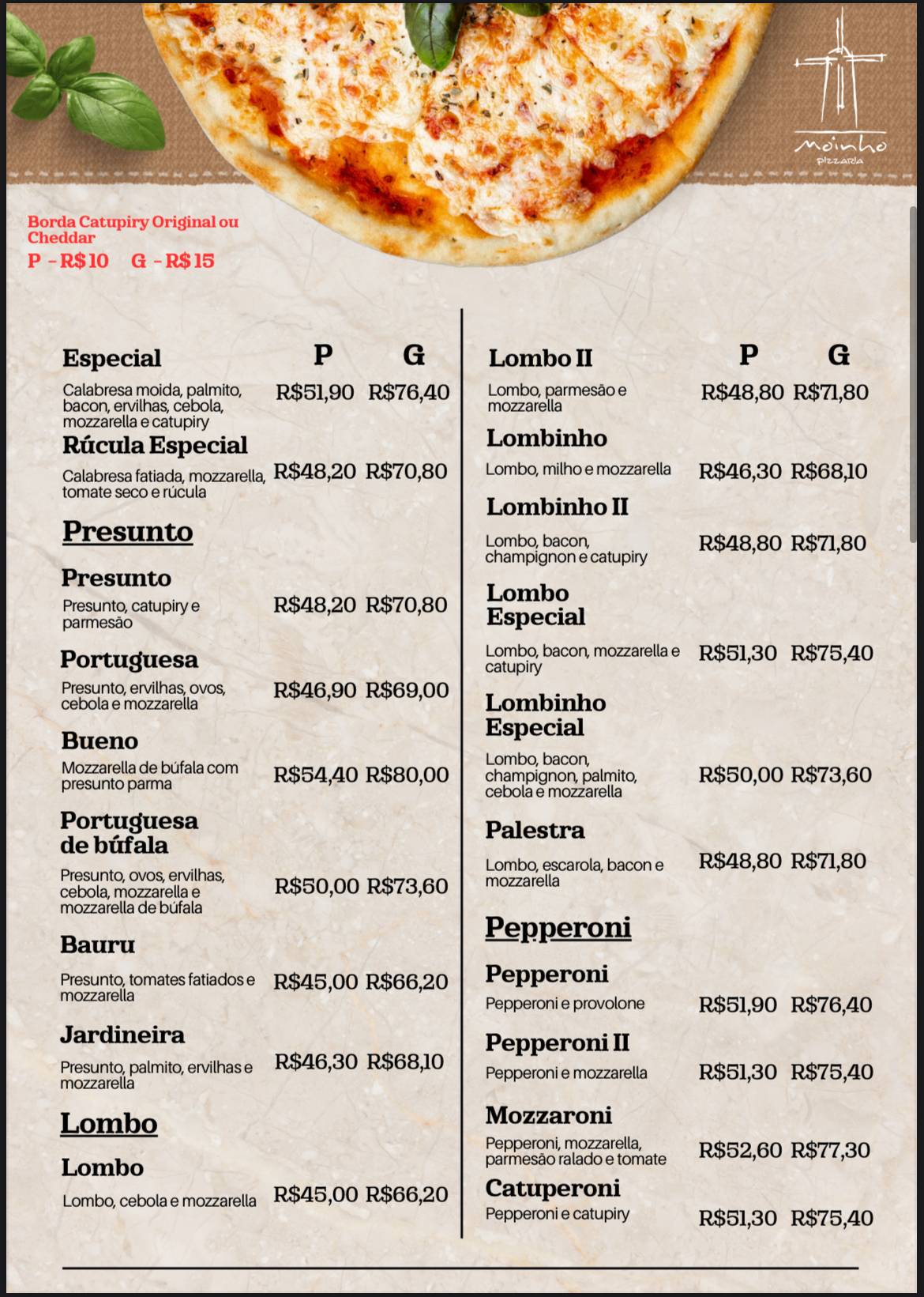 Moinho Pizzaria cardápio