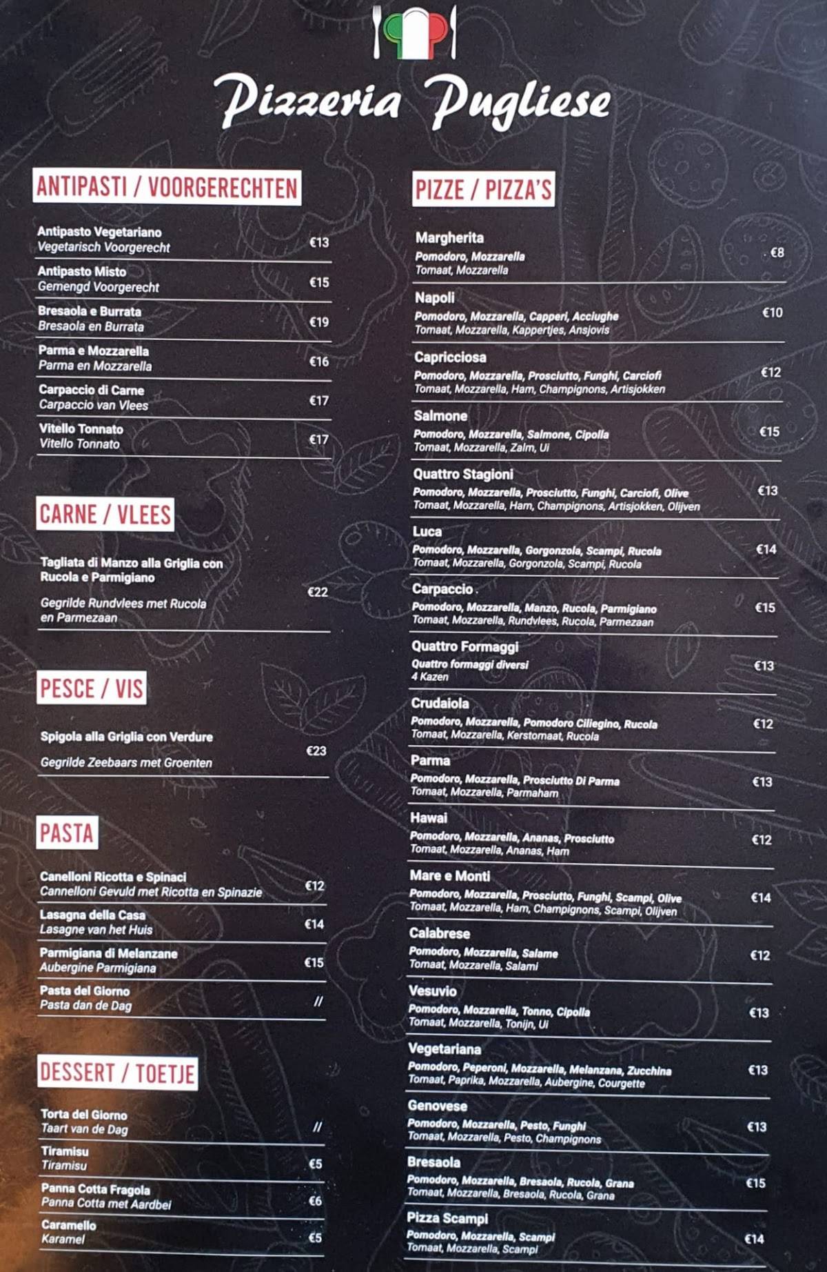 Menu at Pizzeria Pugliese, Antwerp