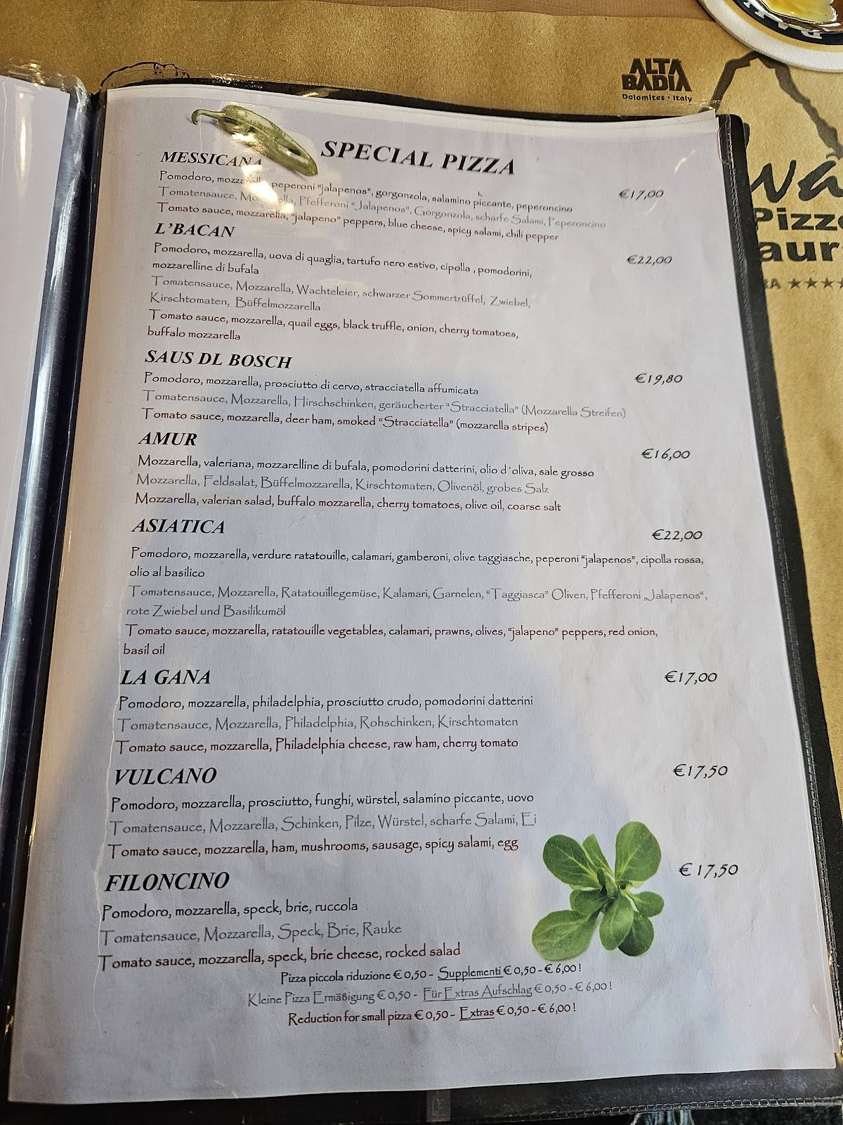 Menu di Pizzeria Ristorante Salvan - Corvara in Badia (bz) 