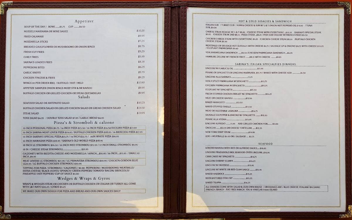 Menu at Sarina's Pizza & Restaurant, Philipsburg, N Front St