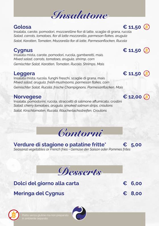 Menu di Pizzeria Trattoria Cygnus 