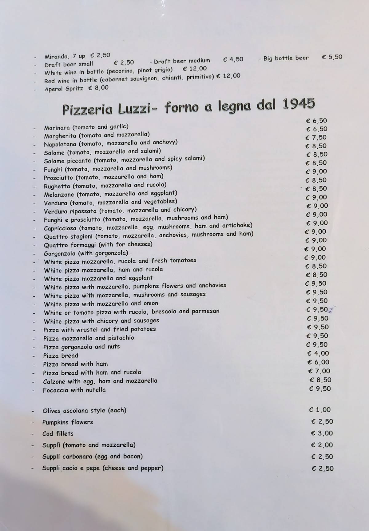 Menu de Trattoria Luzzi