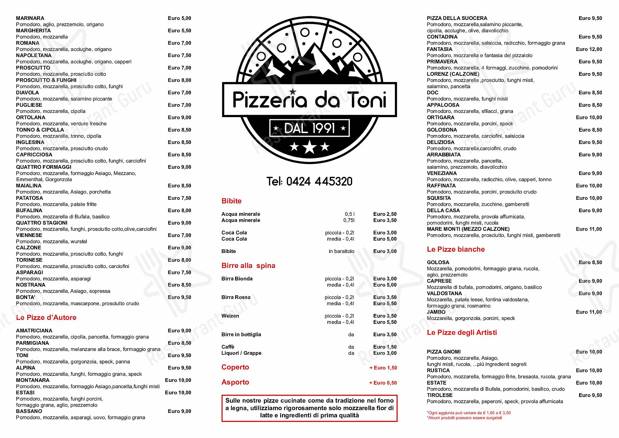 Menu di Pizzeria da Toni - pasti e bevande