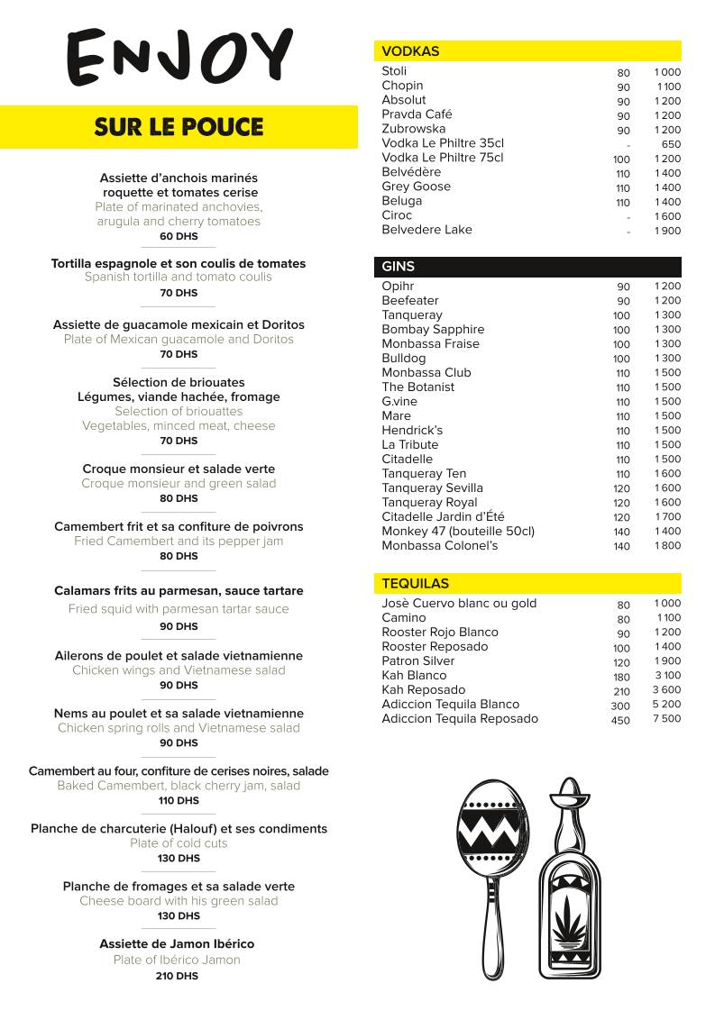 Menu de Pointbar Marrakech